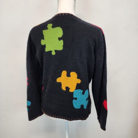 Vintage Susan Bristol Puzzle Knit Cardigan Size M Embroidery Silk Angora Autism - Picture 3 of 15